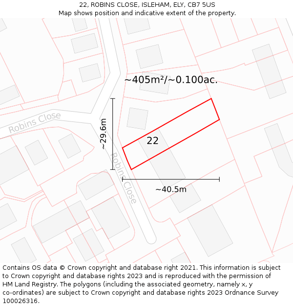 22, ROBINS CLOSE, ISLEHAM, ELY, CB7 5US: Plot and title map