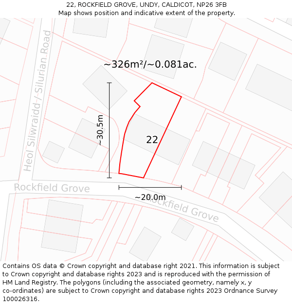 22, ROCKFIELD GROVE, UNDY, CALDICOT, NP26 3FB: Plot and title map