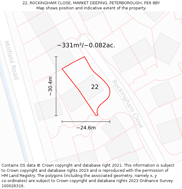 22, ROCKINGHAM CLOSE, MARKET DEEPING, PETERBOROUGH, PE6 8BY: Plot and title map