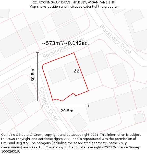 22, ROCKINGHAM DRIVE, HINDLEY, WIGAN, WN2 3NF: Plot and title map