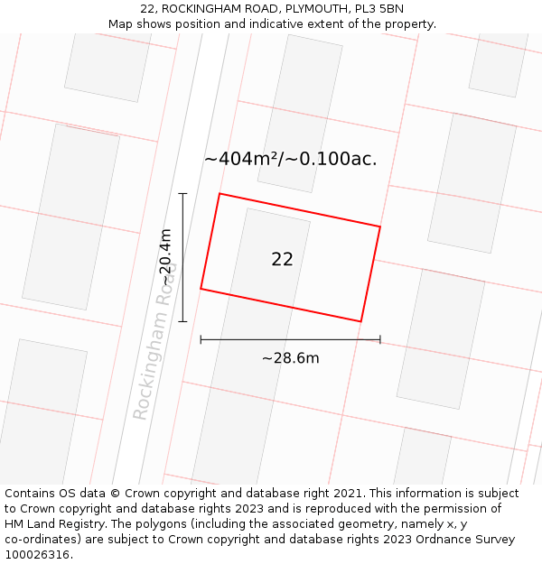 22, ROCKINGHAM ROAD, PLYMOUTH, PL3 5BN: Plot and title map