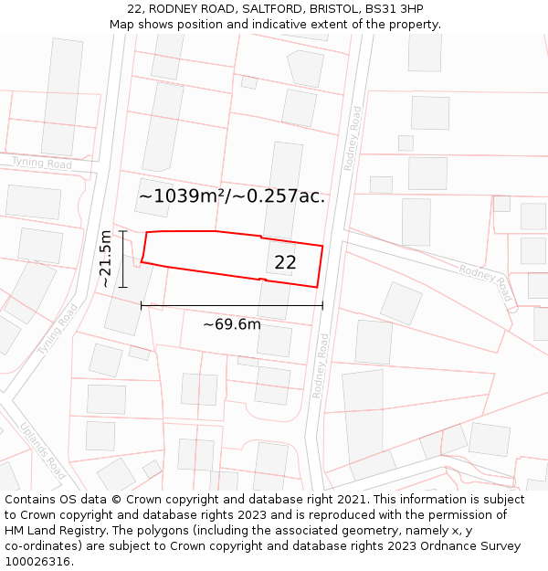 22, RODNEY ROAD, SALTFORD, BRISTOL, BS31 3HP: Plot and title map