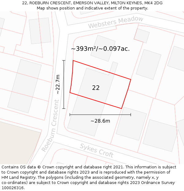 22, ROEBURN CRESCENT, EMERSON VALLEY, MILTON KEYNES, MK4 2DG: Plot and title map