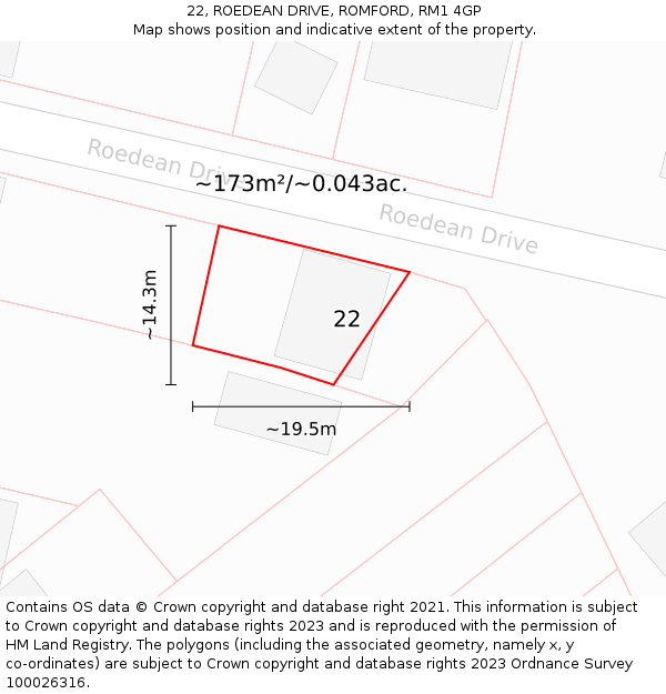 22, ROEDEAN DRIVE, ROMFORD, RM1 4GP: Plot and title map