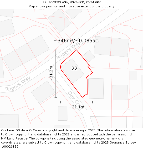 22, ROGERS WAY, WARWICK, CV34 6PY: Plot and title map