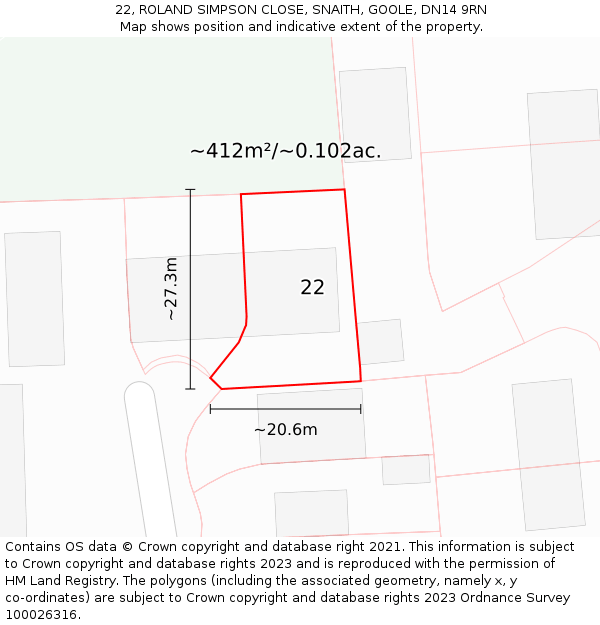 22, ROLAND SIMPSON CLOSE, SNAITH, GOOLE, DN14 9RN: Plot and title map