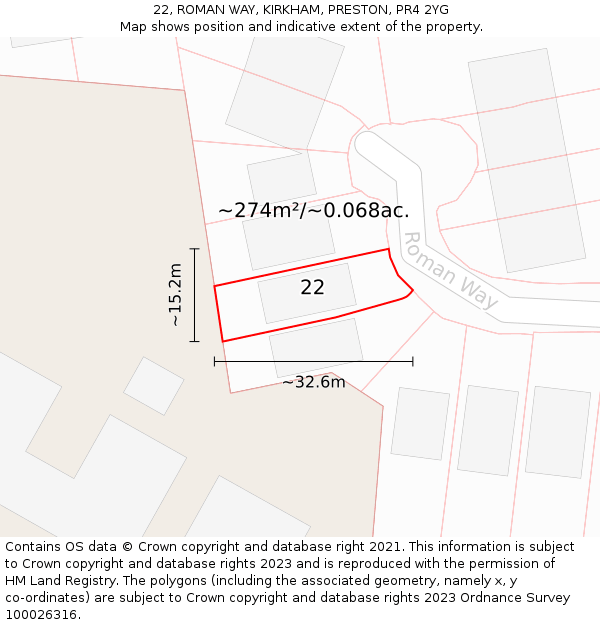 22, ROMAN WAY, KIRKHAM, PRESTON, PR4 2YG: Plot and title map