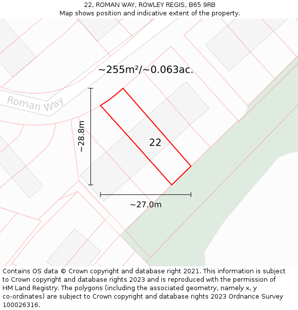 22, ROMAN WAY, ROWLEY REGIS, B65 9RB: Plot and title map