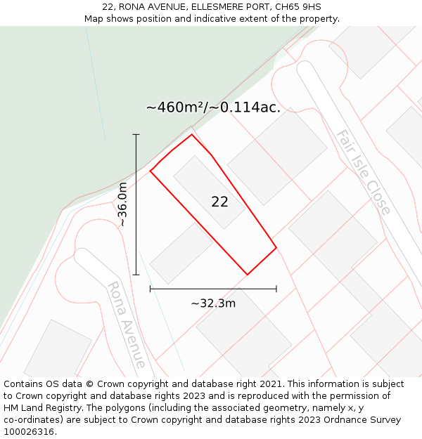 22, RONA AVENUE, ELLESMERE PORT, CH65 9HS: Plot and title map