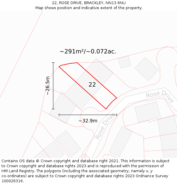 22, ROSE DRIVE, BRACKLEY, NN13 6NU: Plot and title map