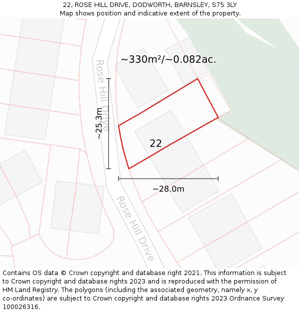 22, ROSE HILL DRIVE, DODWORTH, BARNSLEY, S75 3LY: Plot and title map