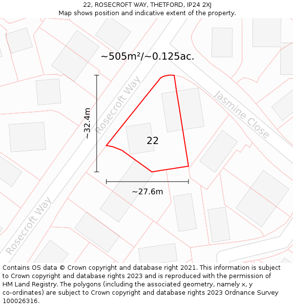 22, ROSECROFT WAY, THETFORD, IP24 2XJ: Plot and title map