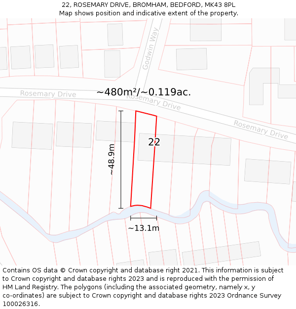 22, ROSEMARY DRIVE, BROMHAM, BEDFORD, MK43 8PL: Plot and title map