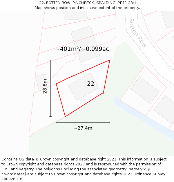 22, ROTTEN ROW, PINCHBECK, SPALDING, PE11 3RH: Plot and title map