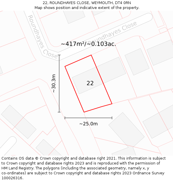 22, ROUNDHAYES CLOSE, WEYMOUTH, DT4 0RN: Plot and title map