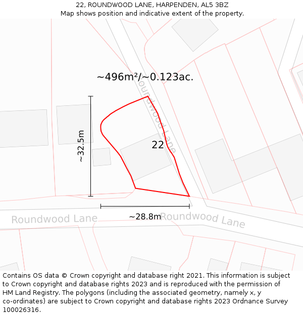 22, ROUNDWOOD LANE, HARPENDEN, AL5 3BZ: Plot and title map