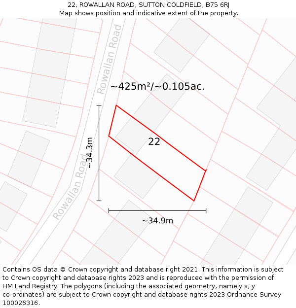 22, ROWALLAN ROAD, SUTTON COLDFIELD, B75 6RJ: Plot and title map