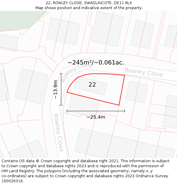 22, ROWLEY CLOSE, SWADLINCOTE, DE11 8LX: Plot and title map