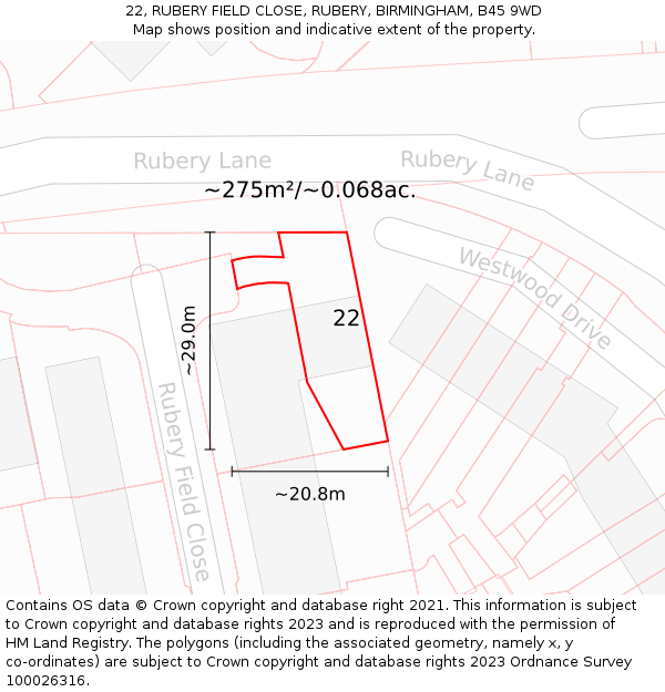 22, RUBERY FIELD CLOSE, RUBERY, BIRMINGHAM, B45 9WD: Plot and title map