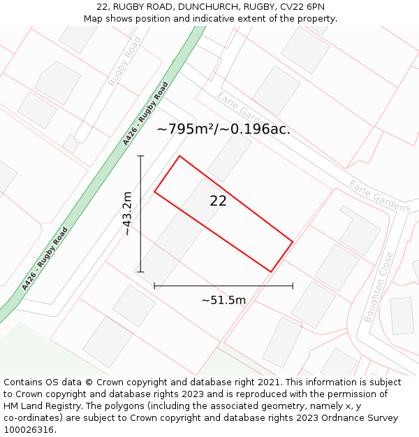 22, RUGBY ROAD, DUNCHURCH, RUGBY, CV22 6PN: Plot and title map
