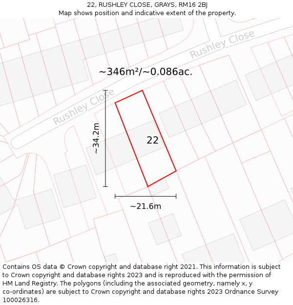22, RUSHLEY CLOSE, GRAYS, RM16 2BJ: Plot and title map