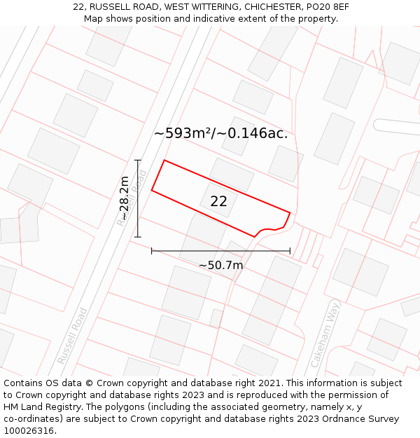 22, RUSSELL ROAD, WEST WITTERING, CHICHESTER, PO20 8EF: Plot and title map