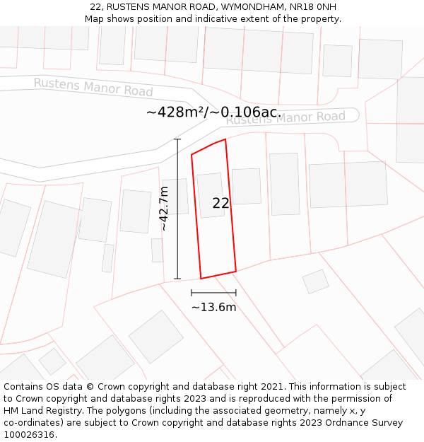 22, RUSTENS MANOR ROAD, WYMONDHAM, NR18 0NH: Plot and title map