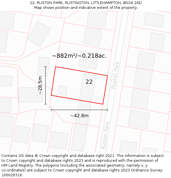 22, RUSTON PARK, RUSTINGTON, LITTLEHAMPTON, BN16 2AD: Plot and title map