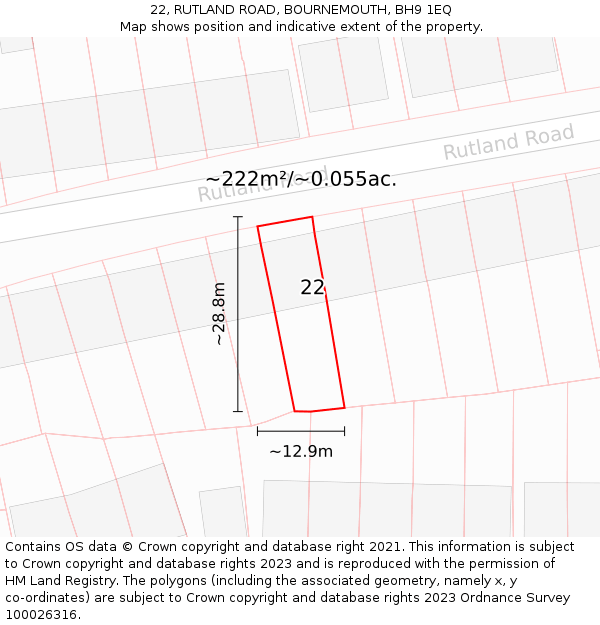 22, RUTLAND ROAD, BOURNEMOUTH, BH9 1EQ: Plot and title map