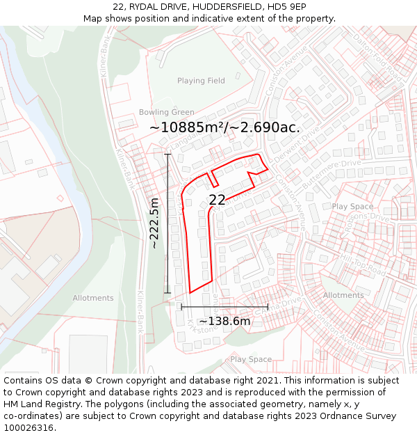 22, RYDAL DRIVE, HUDDERSFIELD, HD5 9EP: Plot and title map