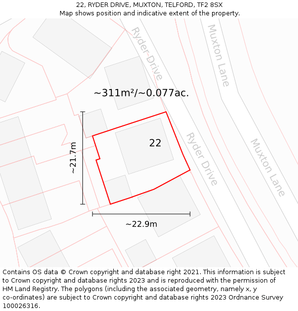 22, RYDER DRIVE, MUXTON, TELFORD, TF2 8SX: Plot and title map