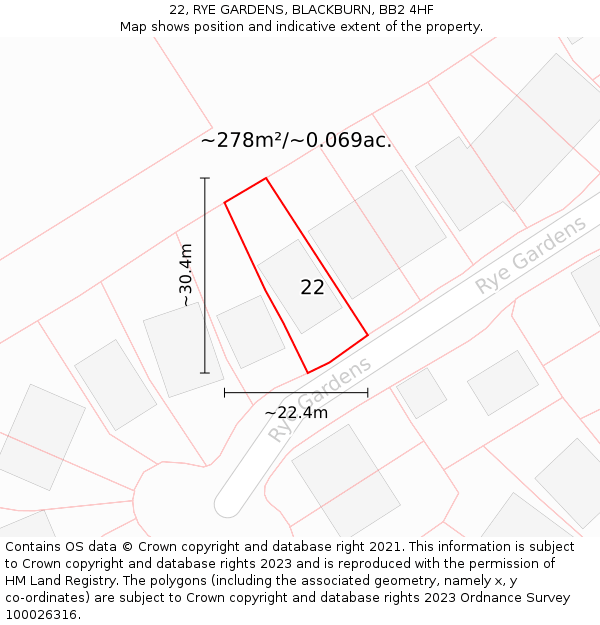 22, RYE GARDENS, BLACKBURN, BB2 4HF: Plot and title map