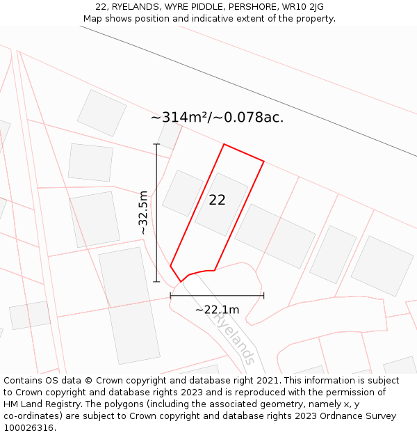 22, RYELANDS, WYRE PIDDLE, PERSHORE, WR10 2JG: Plot and title map