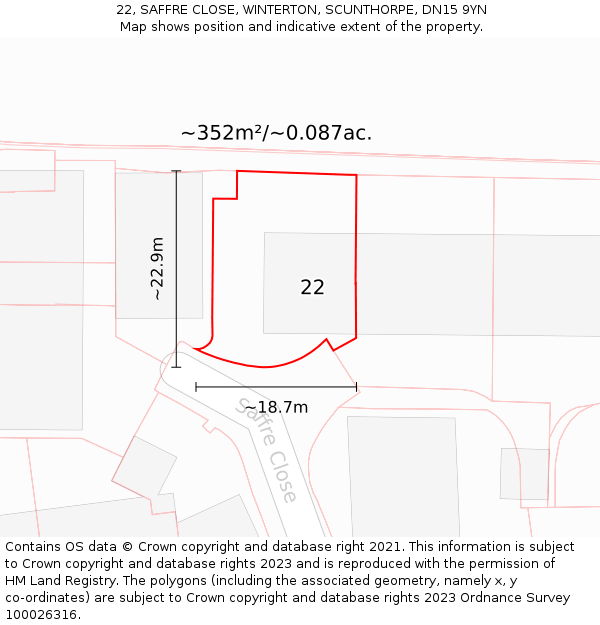 22, SAFFRE CLOSE, WINTERTON, SCUNTHORPE, DN15 9YN: Plot and title map