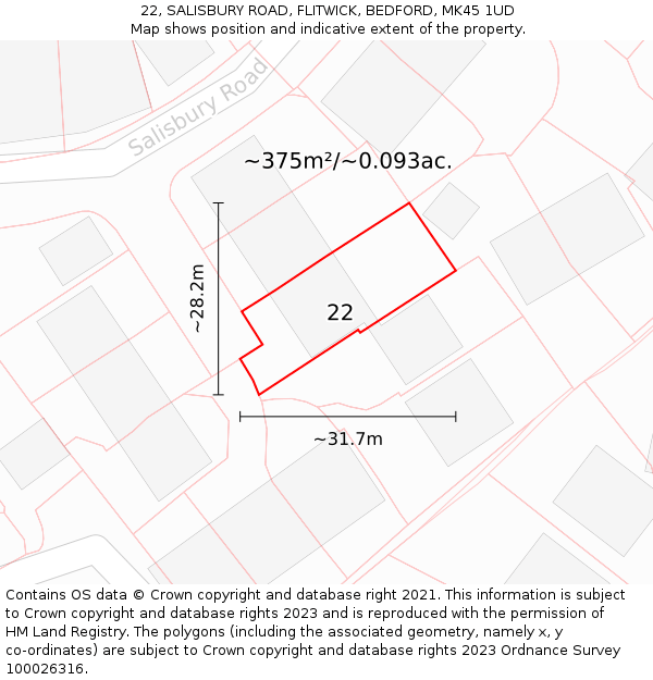 22, SALISBURY ROAD, FLITWICK, BEDFORD, MK45 1UD: Plot and title map