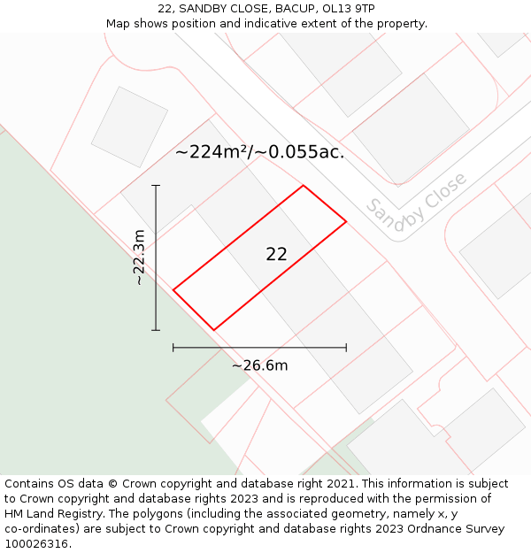 22, SANDBY CLOSE, BACUP, OL13 9TP: Plot and title map
