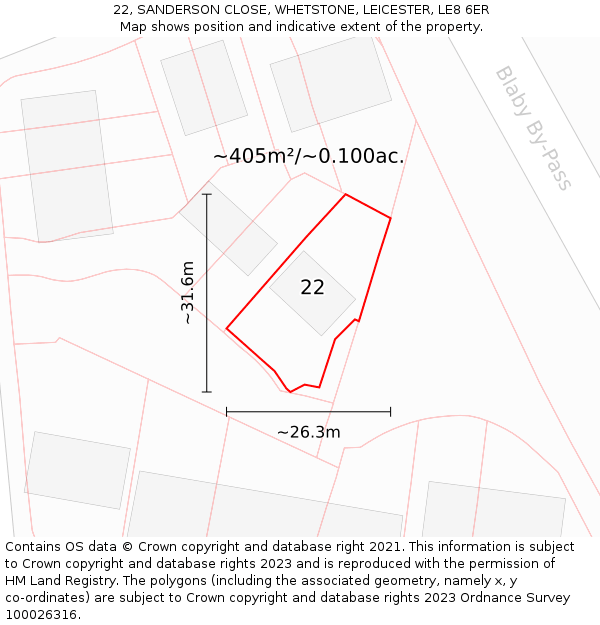 22, SANDERSON CLOSE, WHETSTONE, LEICESTER, LE8 6ER: Plot and title map