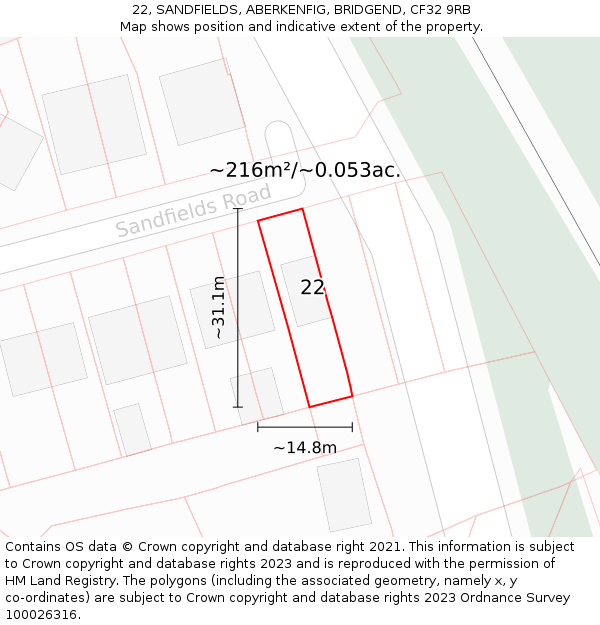 22, SANDFIELDS, ABERKENFIG, BRIDGEND, CF32 9RB: Plot and title map