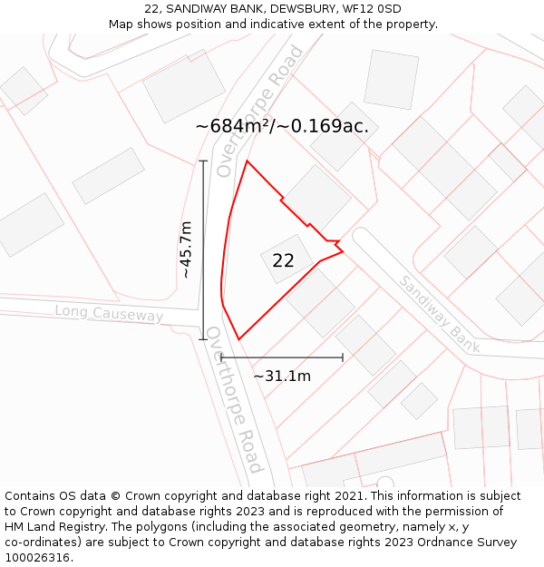 22, SANDIWAY BANK, DEWSBURY, WF12 0SD: Plot and title map