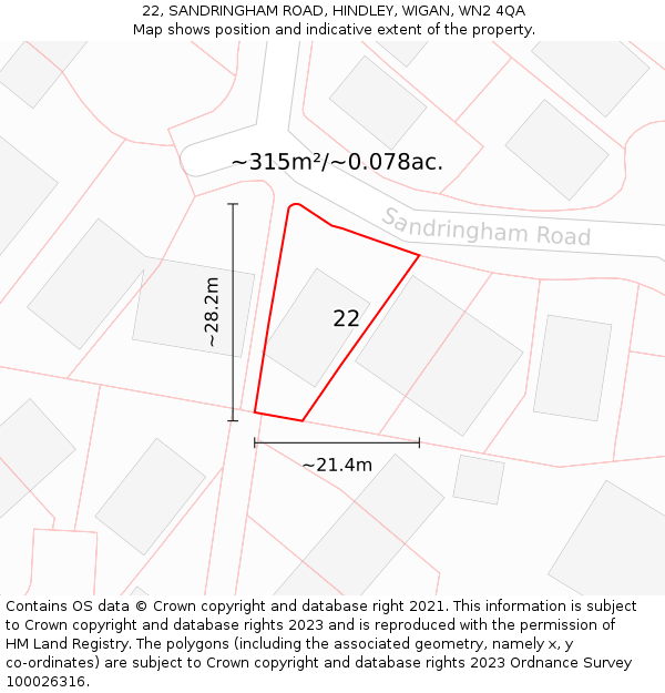 22, SANDRINGHAM ROAD, HINDLEY, WIGAN, WN2 4QA: Plot and title map