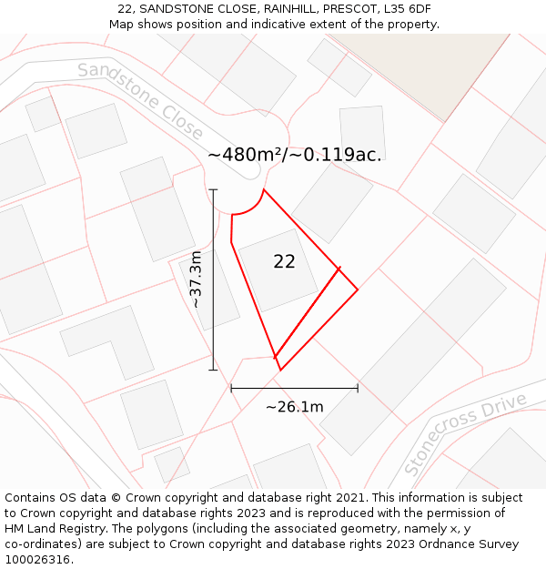 22, SANDSTONE CLOSE, RAINHILL, PRESCOT, L35 6DF: Plot and title map