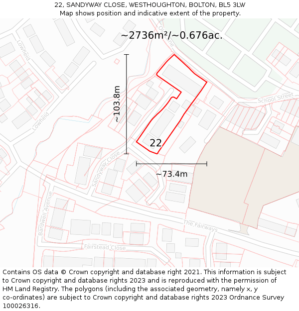 22, SANDYWAY CLOSE, WESTHOUGHTON, BOLTON, BL5 3LW: Plot and title map