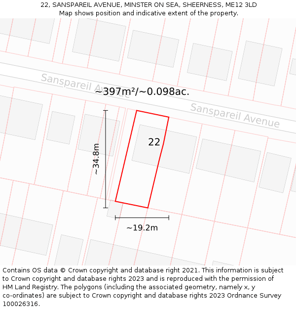 22, SANSPAREIL AVENUE, MINSTER ON SEA, SHEERNESS, ME12 3LD: Plot and title map
