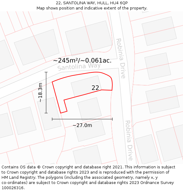 22, SANTOLINA WAY, HULL, HU4 6QP: Plot and title map