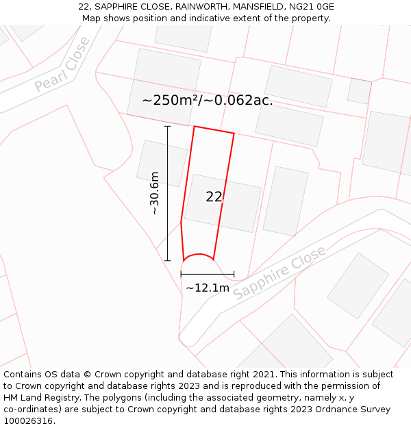 22, SAPPHIRE CLOSE, RAINWORTH, MANSFIELD, NG21 0GE: Plot and title map