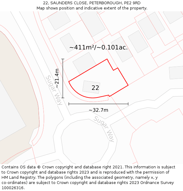 22, SAUNDERS CLOSE, PETERBOROUGH, PE2 9RD: Plot and title map