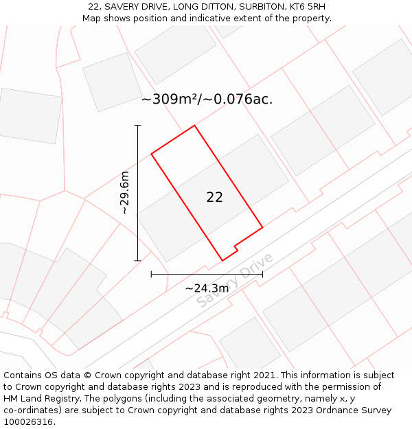 22, SAVERY DRIVE, LONG DITTON, SURBITON, KT6 5RH: Plot and title map