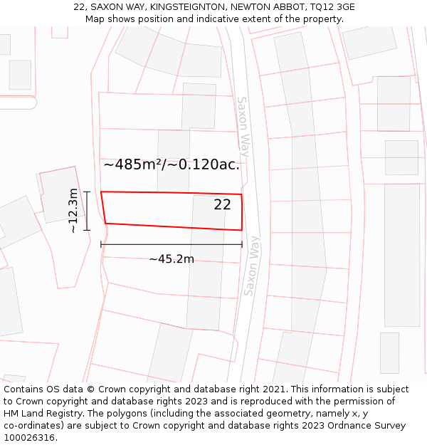 22, SAXON WAY, KINGSTEIGNTON, NEWTON ABBOT, TQ12 3GE: Plot and title map