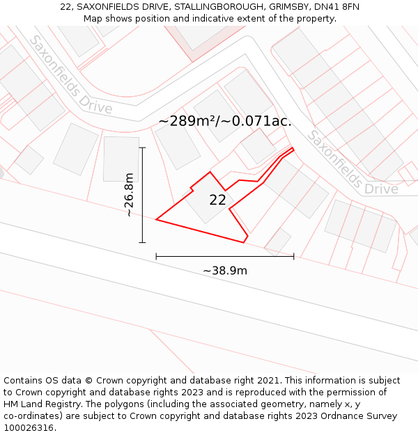 22, SAXONFIELDS DRIVE, STALLINGBOROUGH, GRIMSBY, DN41 8FN: Plot and title map