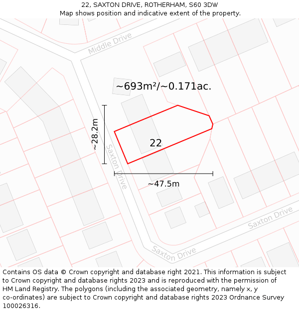 22, SAXTON DRIVE, ROTHERHAM, S60 3DW: Plot and title map